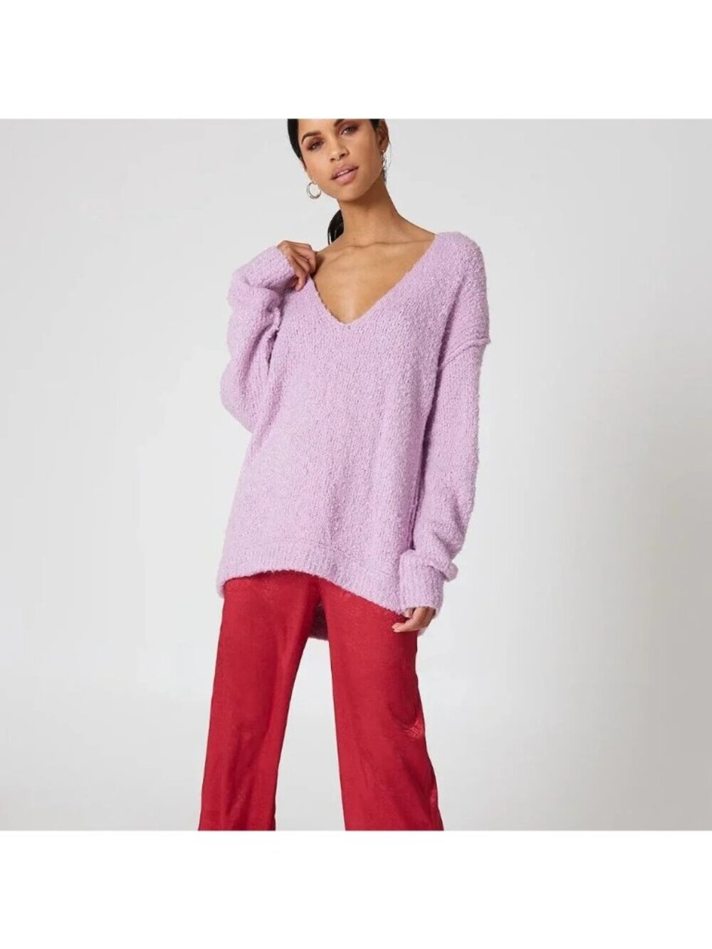 Free People Womens Purple Alpaca Blend Coquette Boho Lofty V-Neck Sweater Small